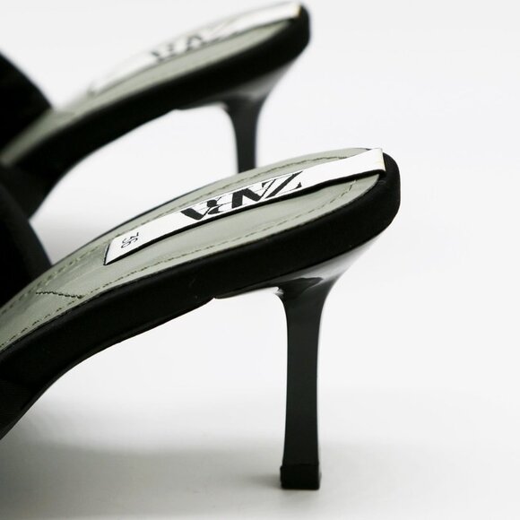 Zara Padded Quilted Slip On Slide Heel Mules Sandals 36 Black Square Toe Comfy - Picture 13 of 16